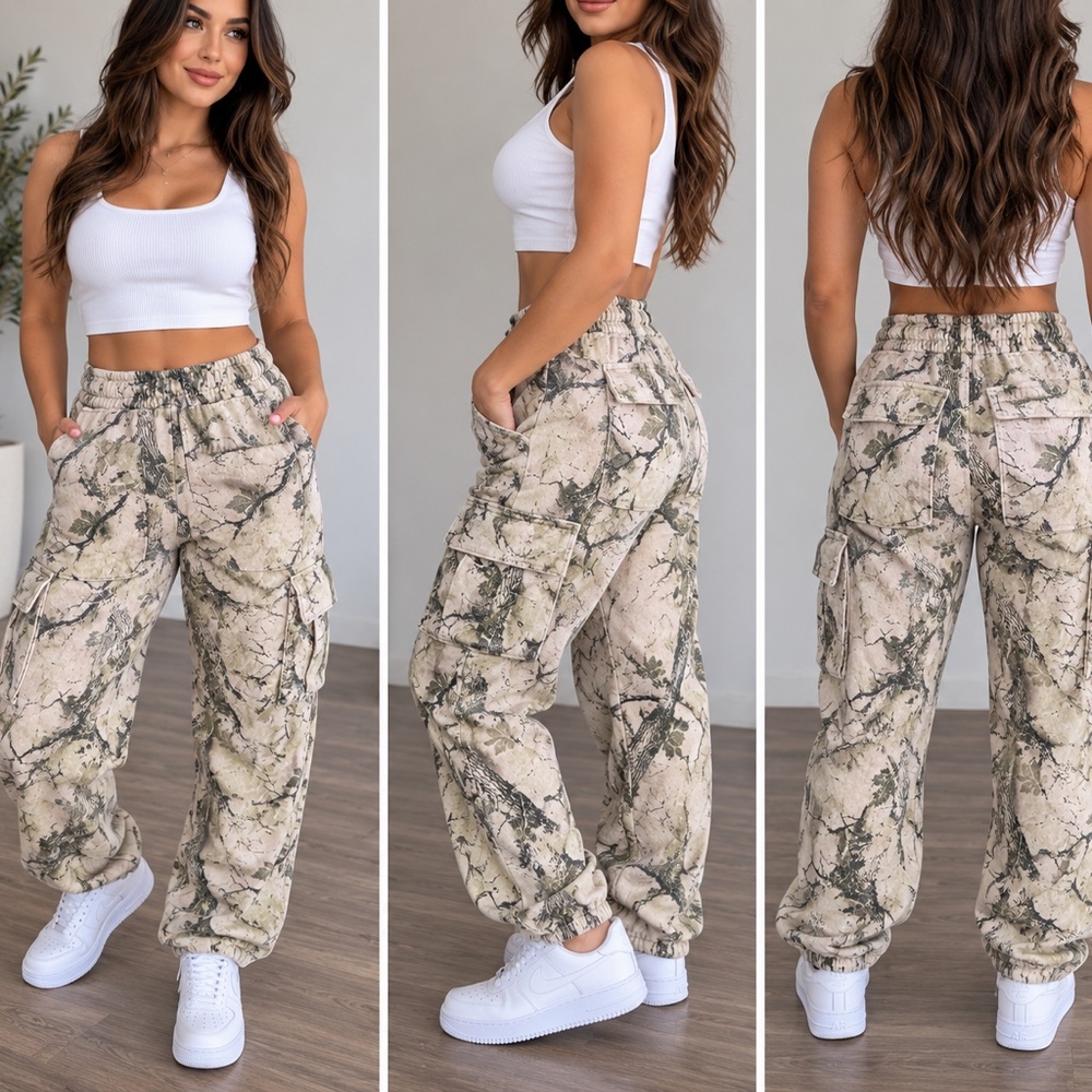 Camo Tree Print Cargo Pants Multi Pocket Streetwear Pants